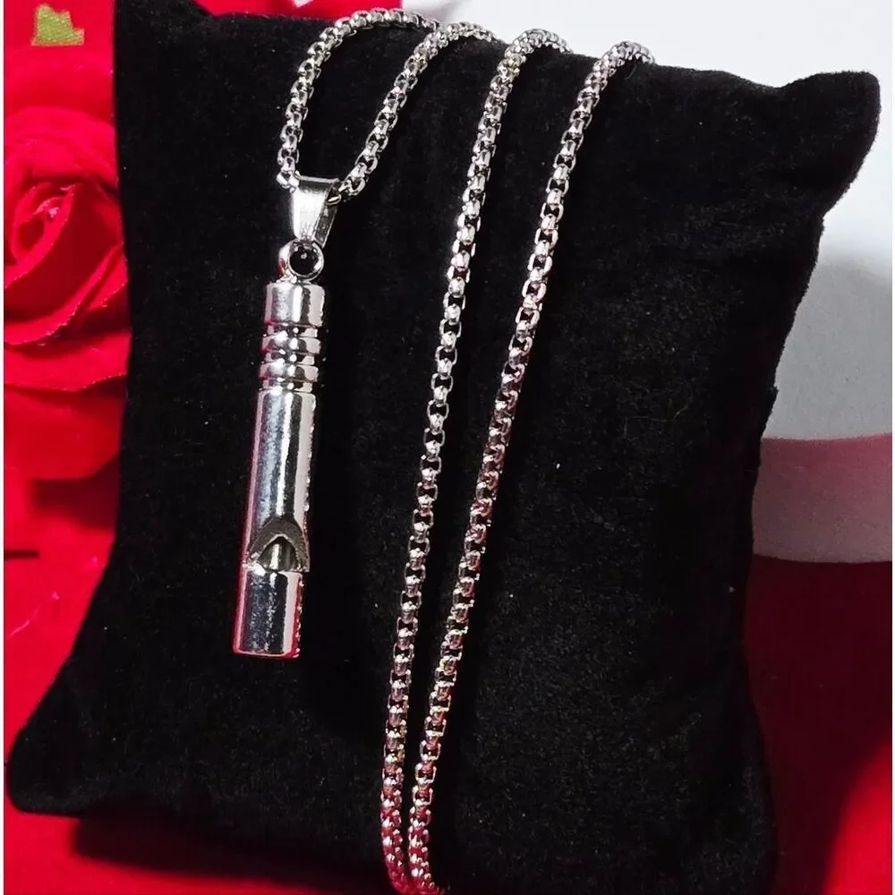 Silver Stainless Steel Whistle Pendant Necklace | Minimalist Cylinder Jewelry